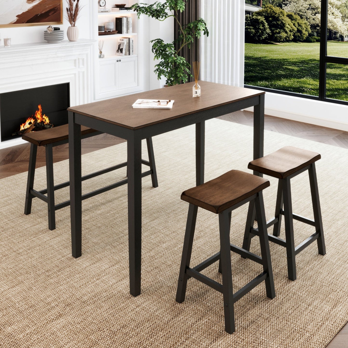 MF Studio Counter Height Bar Table Set with Bar Stool and Bench, 4-Piece Wood Dining Table Set for Small Space, Walnut & Black