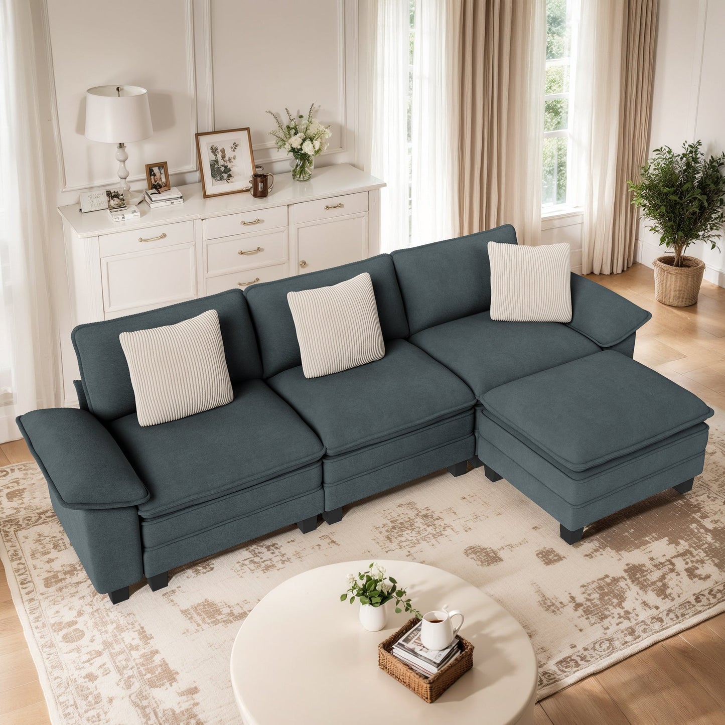 MF Studio 123.6" Sectional Sofa with Extra Deep Seat for Living Room, 4-Seat Chenille L Shaped Cloud Couch with 3 Pillows, Grayish Blue
