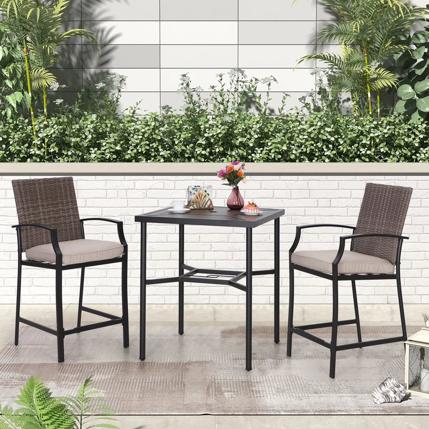MF Studio 3-Piece Outdoor Patio Bar Stools Set with Rattan Cushioned Bar Stools & Square Bar Height Table, Brown & Beige
