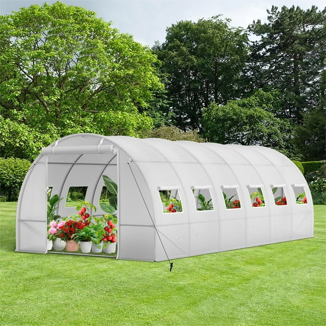 Summit Living Portable Tunnel Greenhouse Shed, 20×10×6.6 ft Gardening Plant Hot House Canopy, Galvanized Steel Frame with 2 Zippered Doors & 12 Screen Windows, White