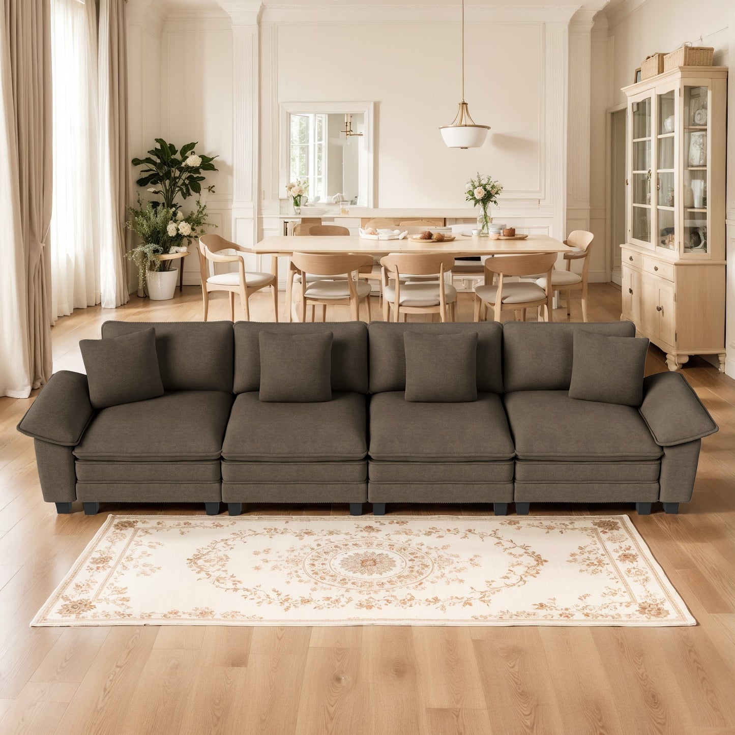 MF Studio 157.5" Sectional Sofa with Extra Deep Seat for Living Room, 4 Seat Chenille Cloud Couch with 4 Pillows, Grayish Brown