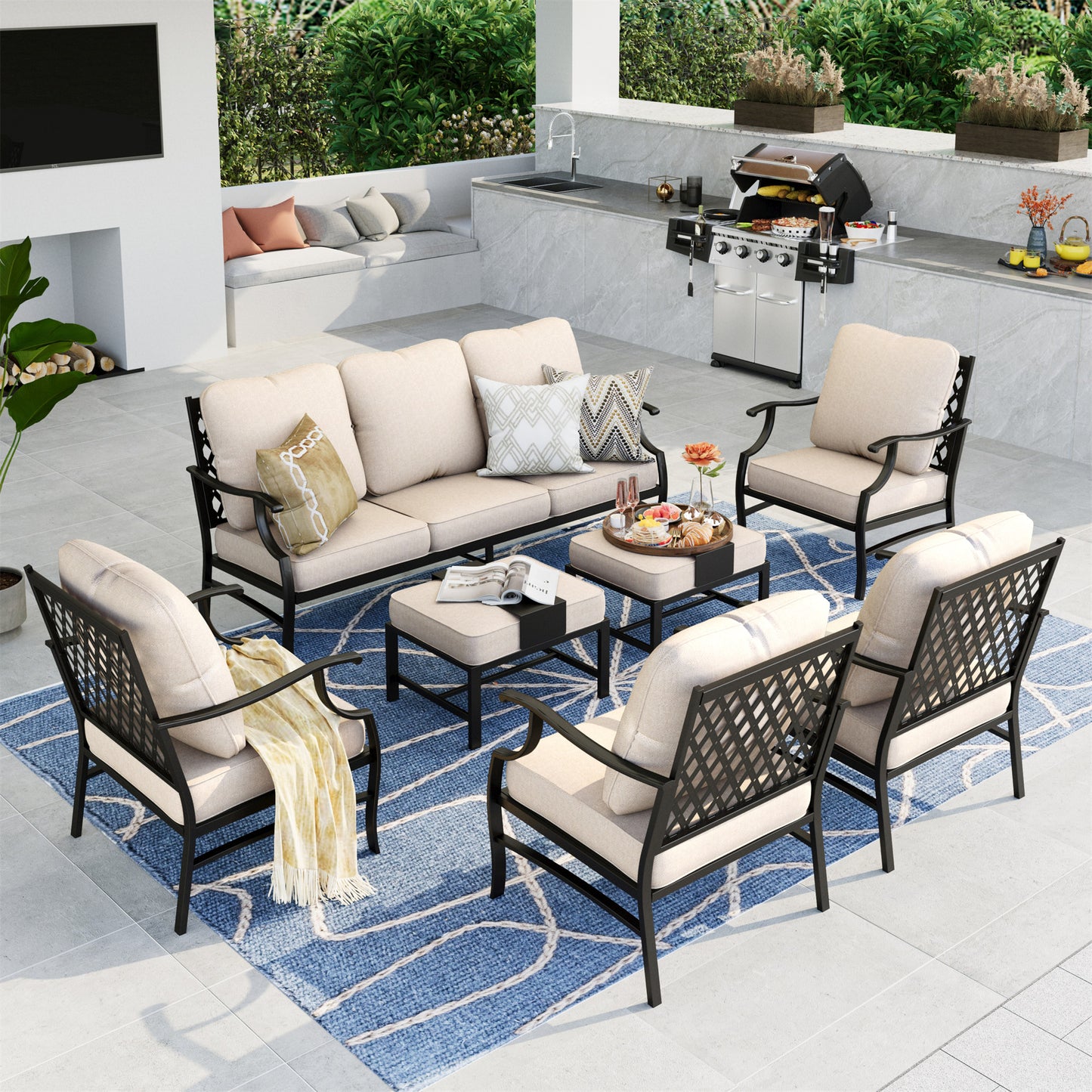 Summit Living 7 PCS Outdoor Conversation Set, Metal Patio Furniture Sofa Set for 9 Person with Beige Cushions