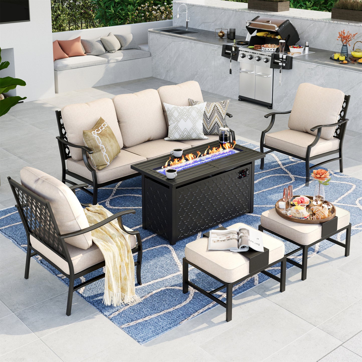 Summit Living 6 Pieces Patio Conversation Set with 45" Rectangle Fire Pit, Outdoor Furniture Metal Sofa, Beige Cushions