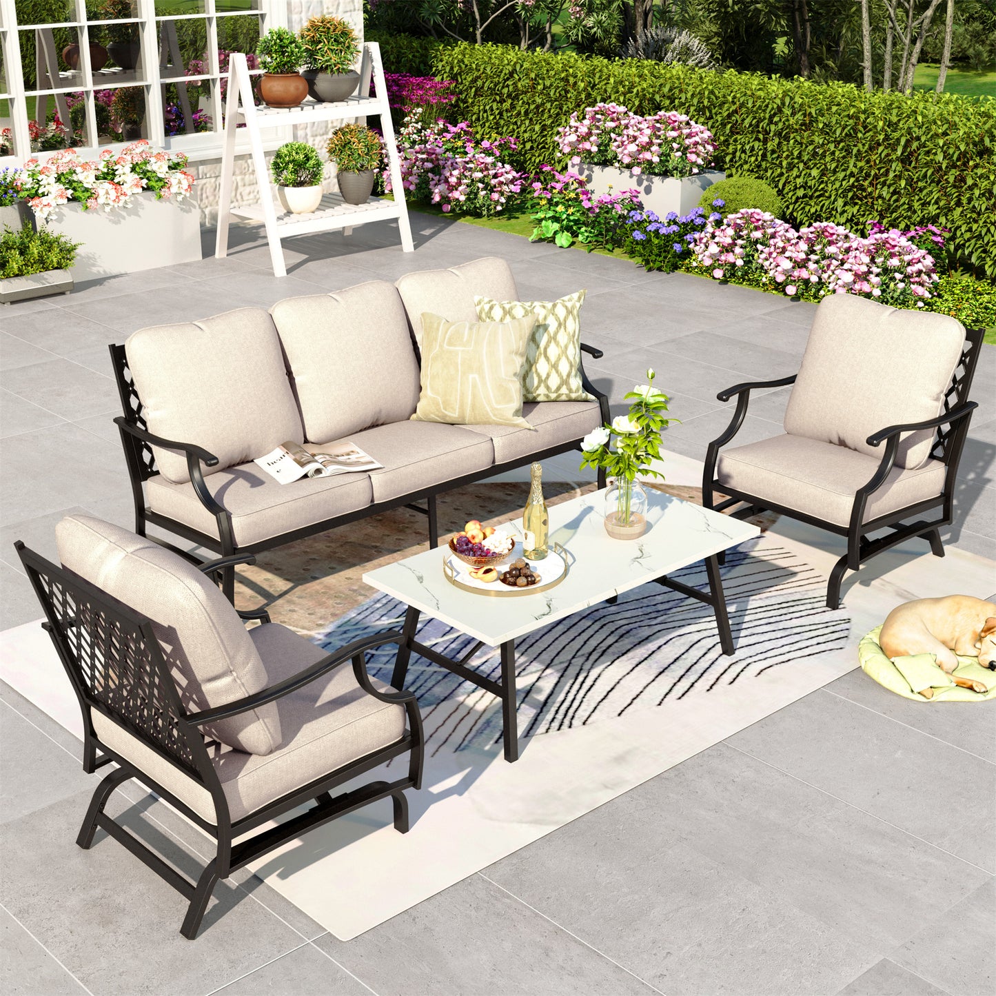 Summit Living 5-Seat Outdoor Conversation Set, Patio Furniture Metal Sectional Sofa with Beige Cushion