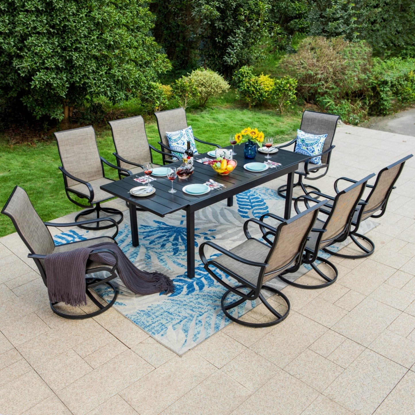 MF Studio 9 Pieces Outdoor Patio Dining Set with High-back Swivel Textilene Chairs and Large Metal Extendable Patio Table for 8, Brown-Gray