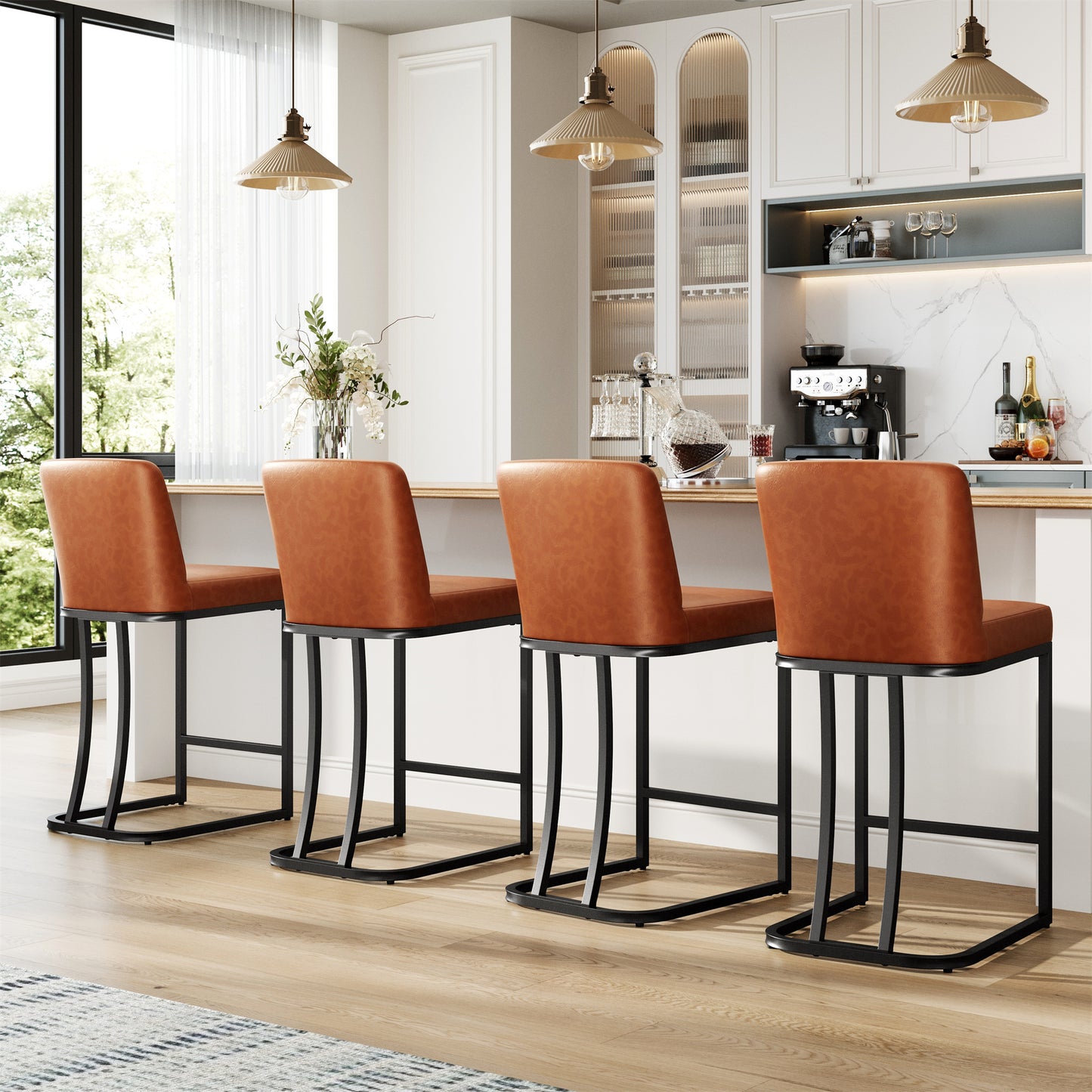MF Studio 24" Counter Height Bar Stool with Back Set of 4, Faux Leather Bar Chair for Kitchen Island, Brown
