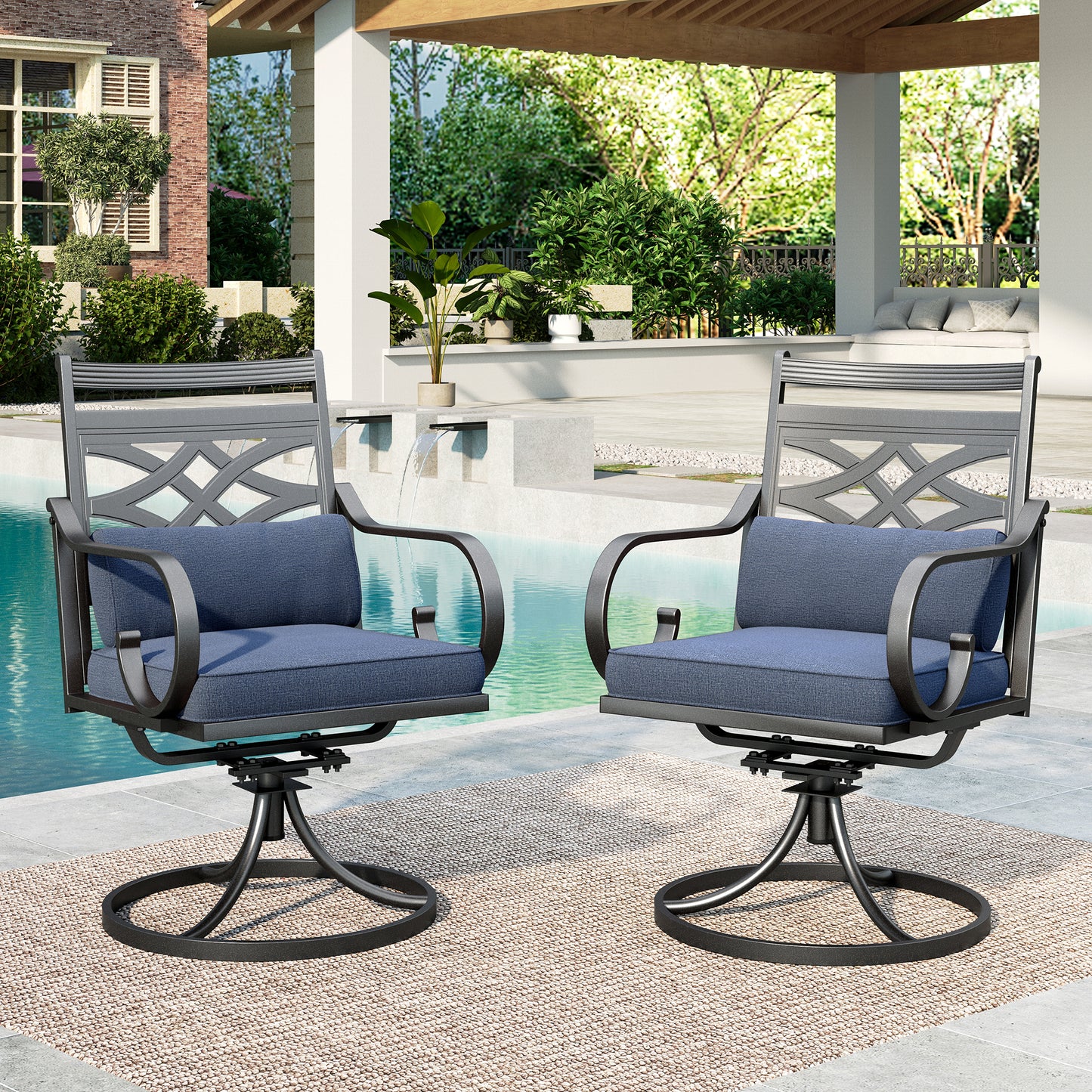 SUMMIT LIVING 2-Piece Outdoor Patio Dining 360° Swivel Chairs with Seat Cushion & Back Cushion, Black & Blue