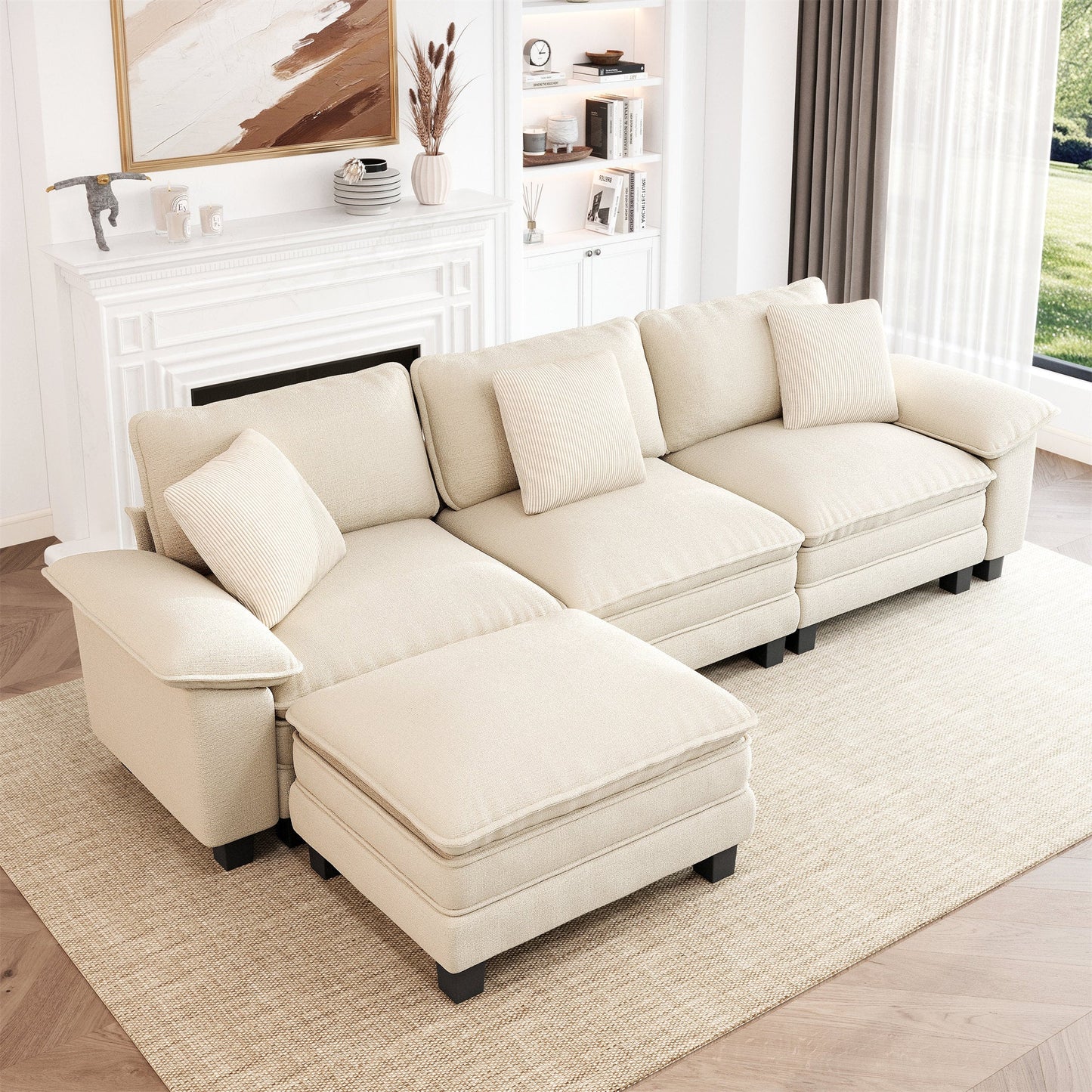 MF Studio L-Shaped Sectional Sofa, 124" Oversized Cloud Couch with Ottoman and Pillow, Plush Chenille Upholstery, White