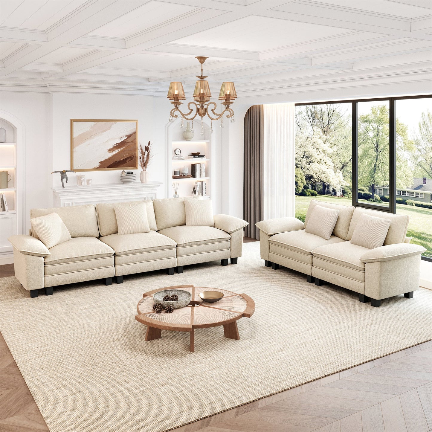 MF Studio Modular Cloud Couch Set, 5-Seater Loveseat and Sofa Set with Removable Armrests, Comfy Chenille Fabric, White
