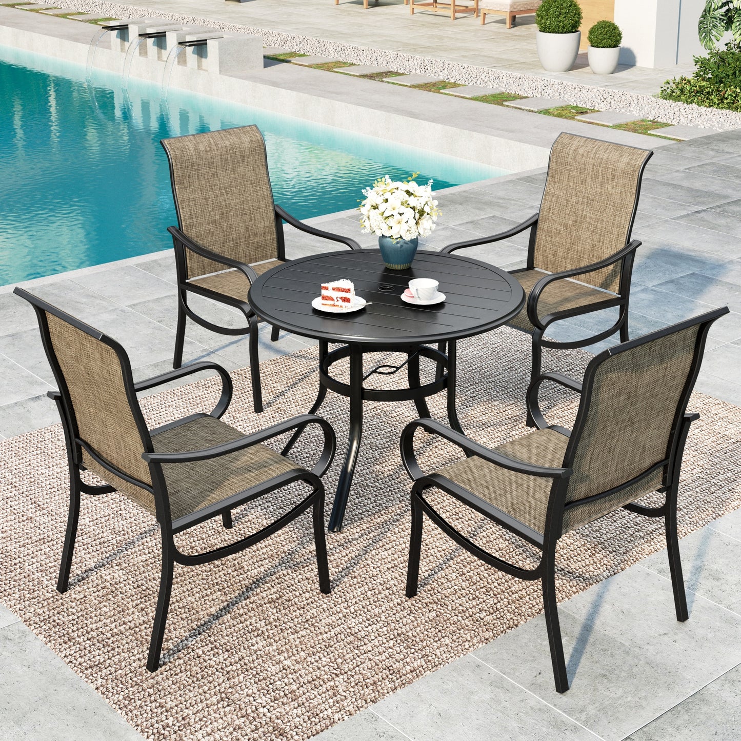 MF Studio 5-Piece Outdoor Patio Dining Set, 38" Metal Round Outdoor Patio Table and Textilene Chairs, Black & Brown-gray