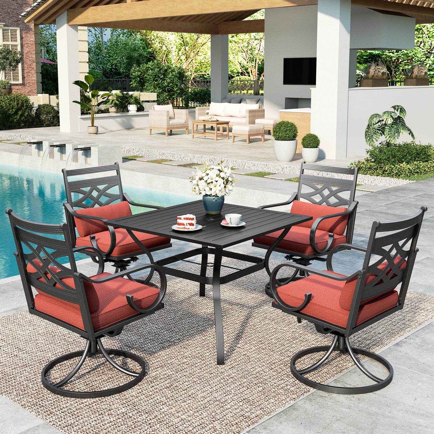SUMMIT LIVING 5-Piece Outdoor Patio Dining Set with 4 Cushioned Swivel Chairs & Metal Steel Table with Umbrella Hole, Black & Red