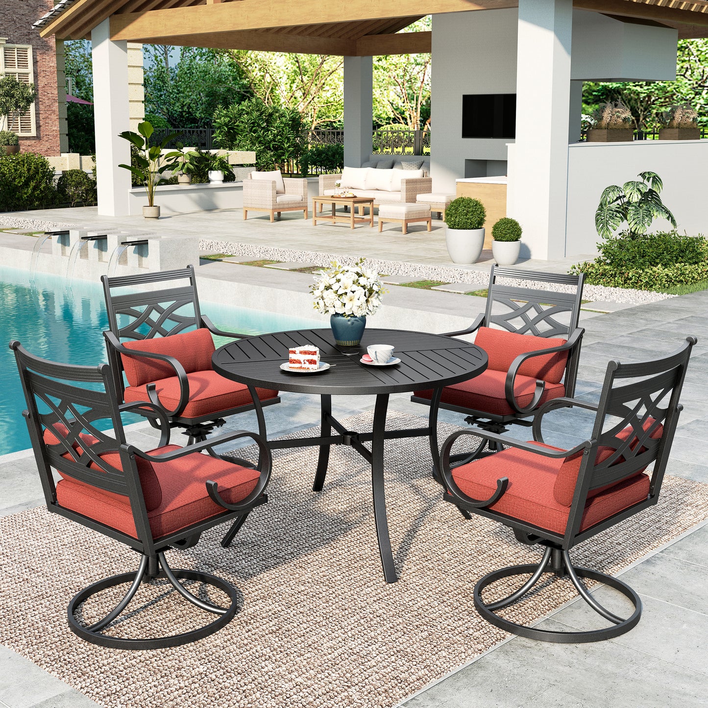 SUMMIT LIVING 5-Piece Outdoor Patio Dining Set with 4 Cushioned Swivel Chairs & Round Table with Umbrella Hole, Black & Red