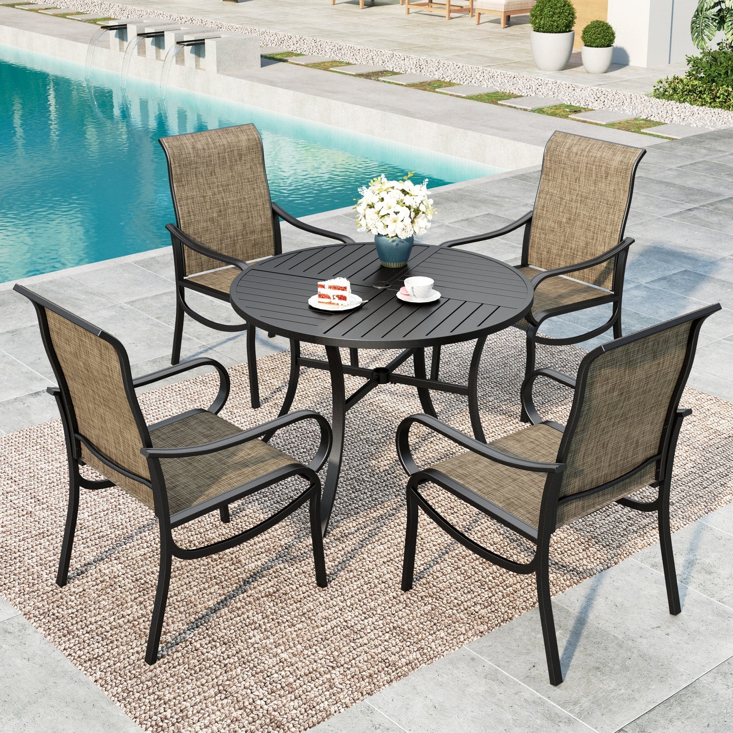 MF Studio 5-Piece Outdoor Patio Dining Set, 42" Metal Round Outdoor Patio Table and Textilene Chairs, Black & Brown-gray