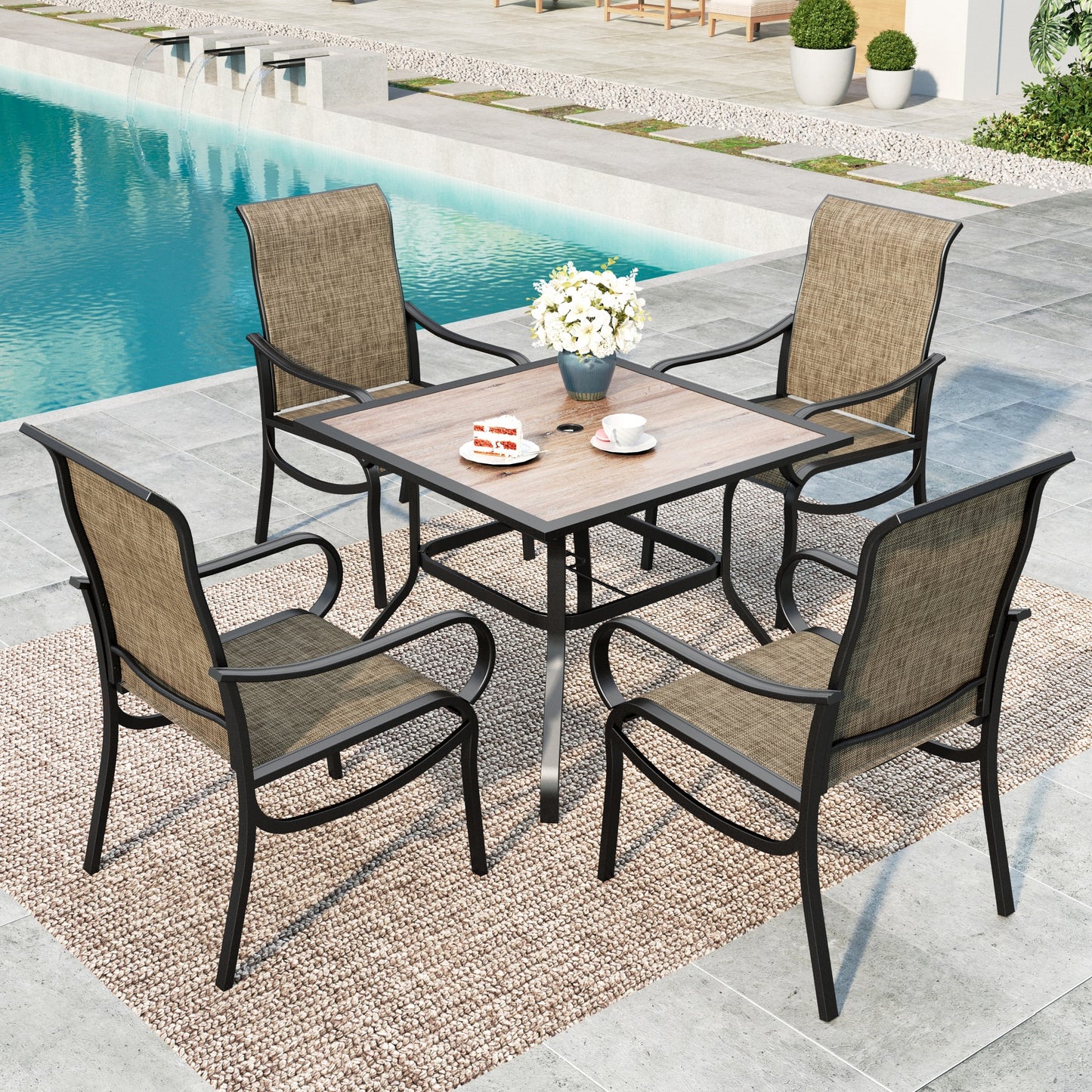 MF Studio 5-Piece Outdoor Patio Dining Set, 37" Wood-Look Square Outdoor Patio Table and Textilene Chairs, Black & Brown-gray