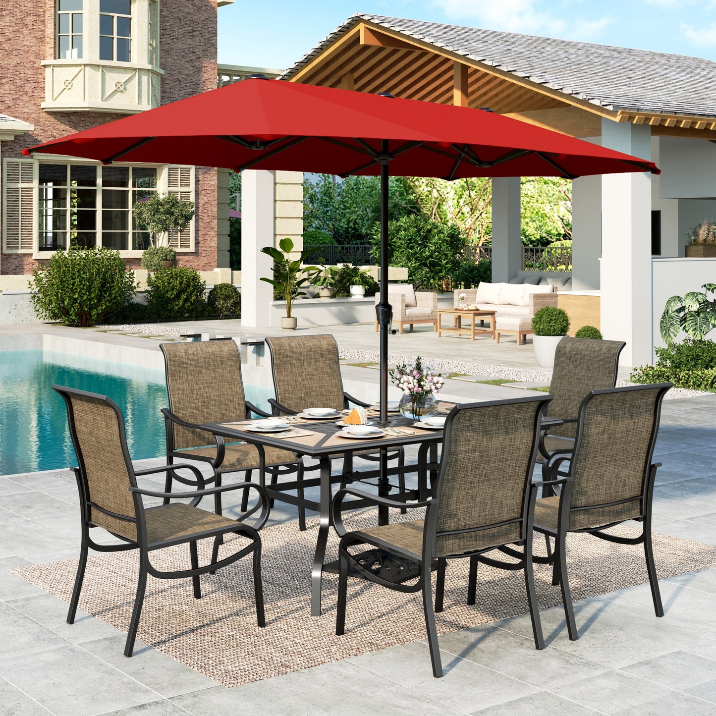 MF Studio 8-Piece Outdoor Patio Dining Set with 13ft Red Umbrella, 61.5" Wood-Look Patio Table and Textilene Chairs for 6 People, Black & Brown-gray