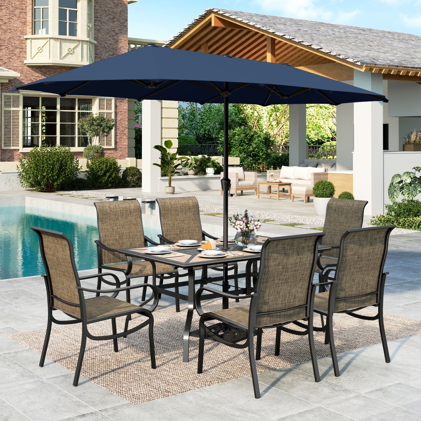 MF Studio 8-Piece Outdoor Patio Dining Set with 13ft Navy Blue Umbrella, 61.5" Wood-Look Patio Table and Textilene Chairs for 6 People, Black & Brown-gray
