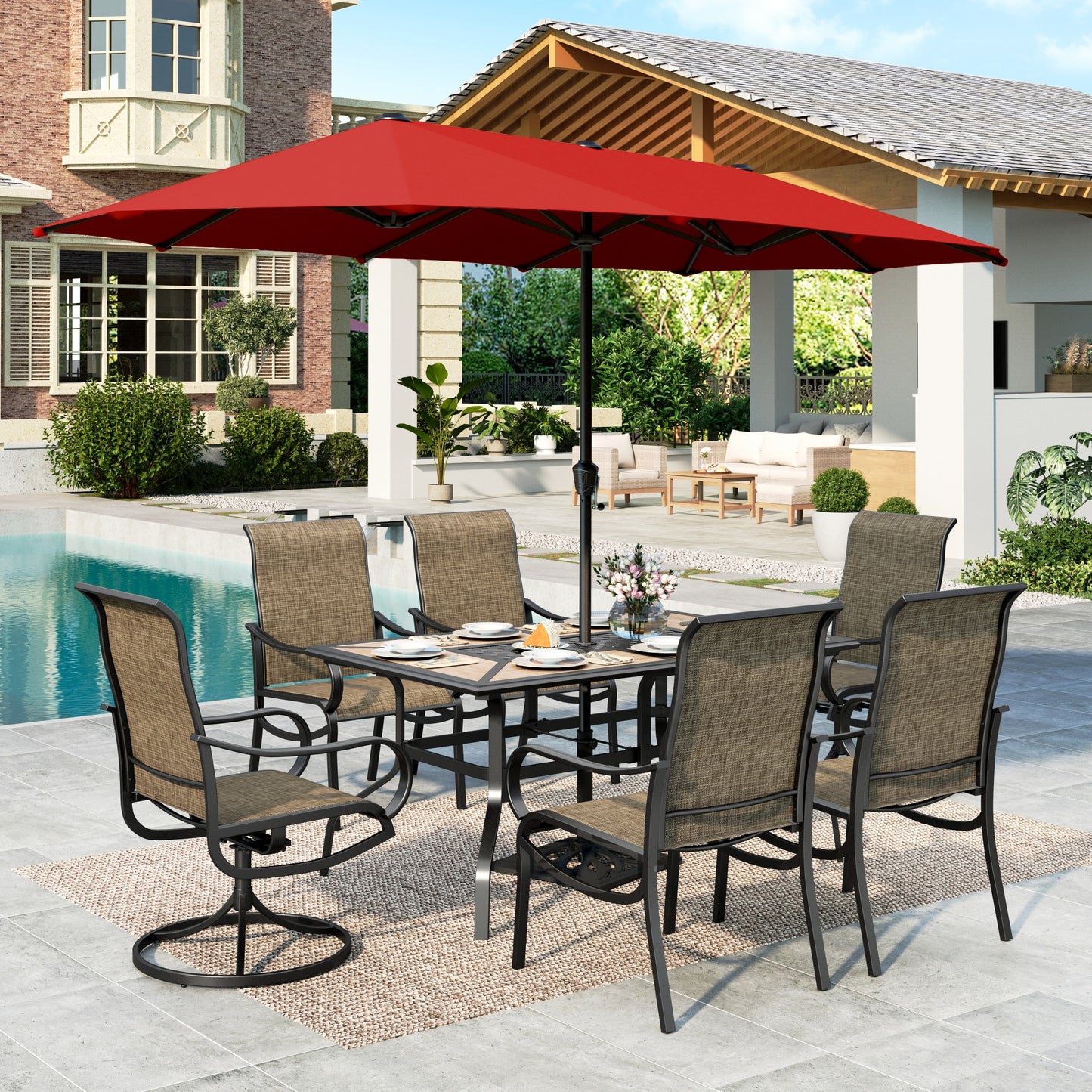 MF Studio 8-Piece Outdoor Patio Dining Set with 13ft Red Umbrella, 61.5" Wood-Look Patio Table and Textilene Chairs(2 Swivel, 4 Dining Chairs) for 6 People, Black & Brown-gray