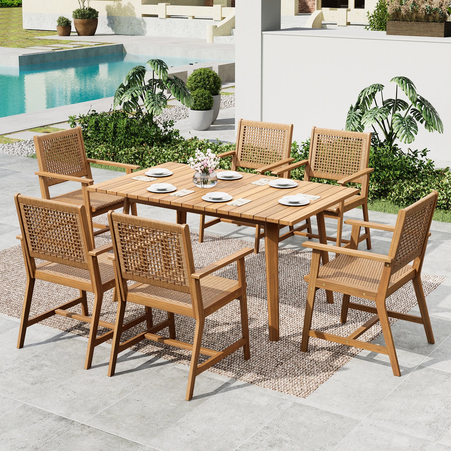 SUMMIT LIVING 7-Piece Acacia Wood Outdoor Patio Dining set with 6 Wooden Chairs (Weight Capacity 350 lbs) with Rattan Seat & Back and Acacia Wood Table