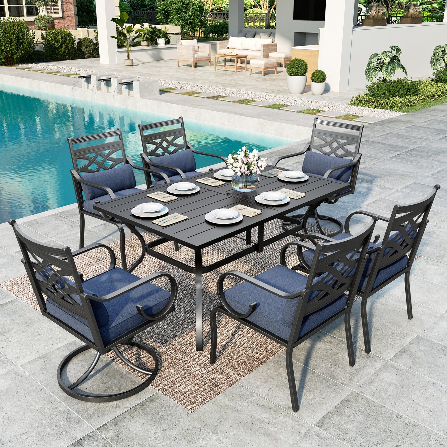 SUMMIT LIVING 7-Piece Outdoor Patio Dining Set with Cushioned Swivel Chairs & Metal Steel Table with Umbrella Hole, Black & Blue