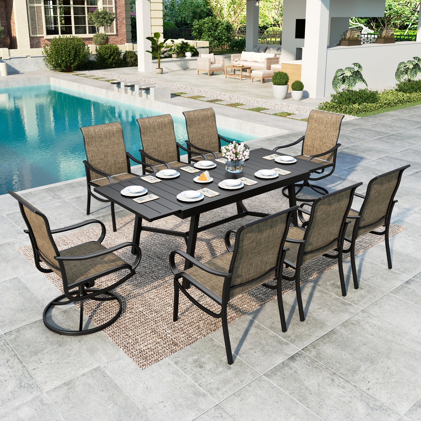 MF Studio 9-Piece Outdoor Patio Dining Set, Extendable Patio Table and Textilene Chairs(2 Swivel, 6 Dining Chairs) for 8 People, Black & Brown-gray