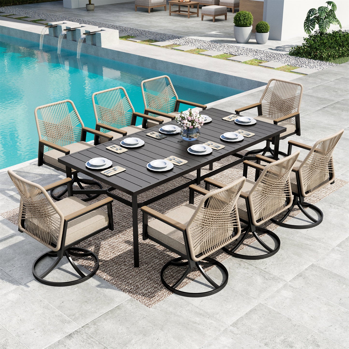 MF Studio Patio Table and Chairs Set, 9-Piece Outdoor Dining Set with Swivel All-Weather Rattan Rope Chair and 83" Rectangular Table, Black and Beige