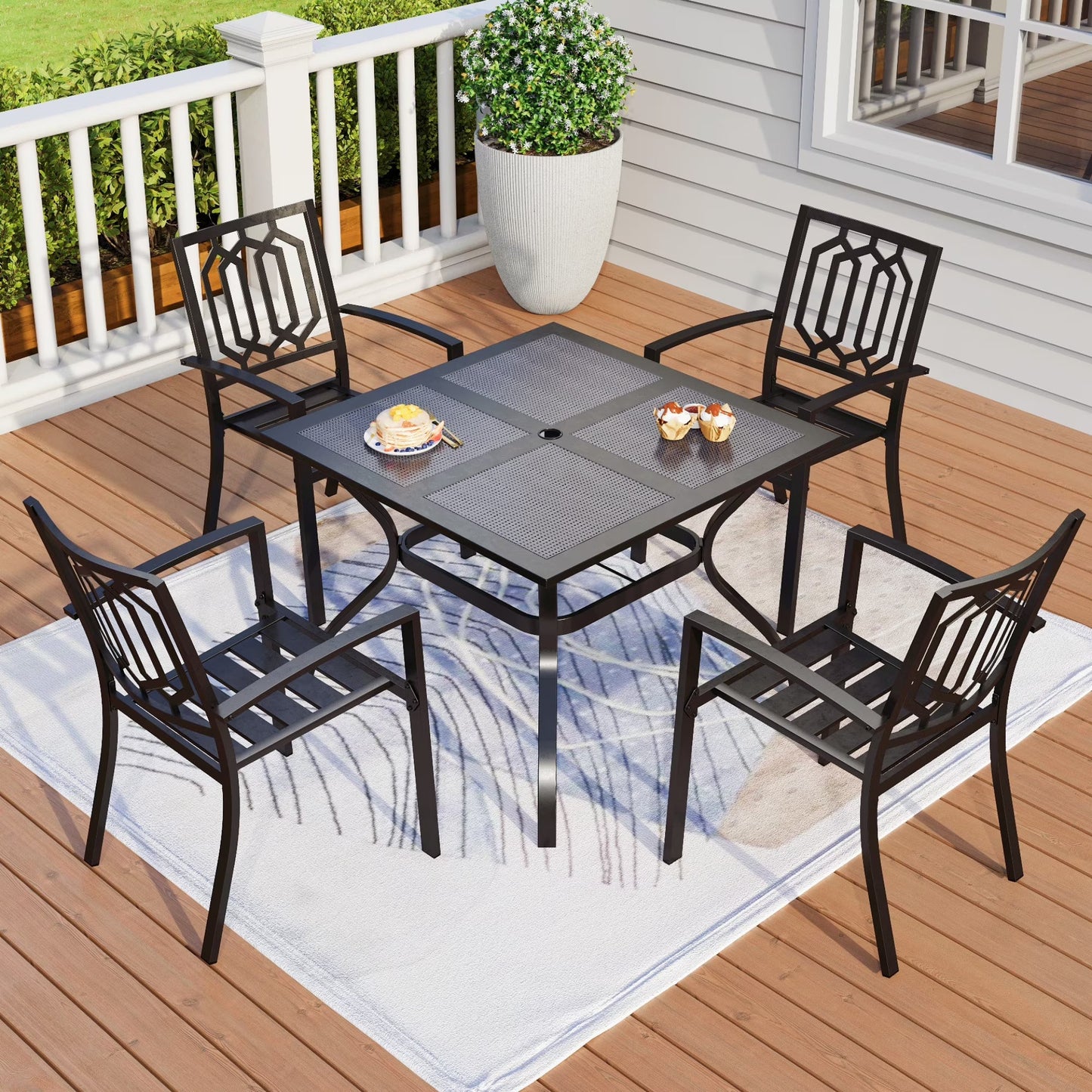 MF Studio 5-Piece Outdoor Patio Dining Set, All-Weather Metal Steel Furniture with Stacking Chairs & Square Table with Umbrella Hole, Black