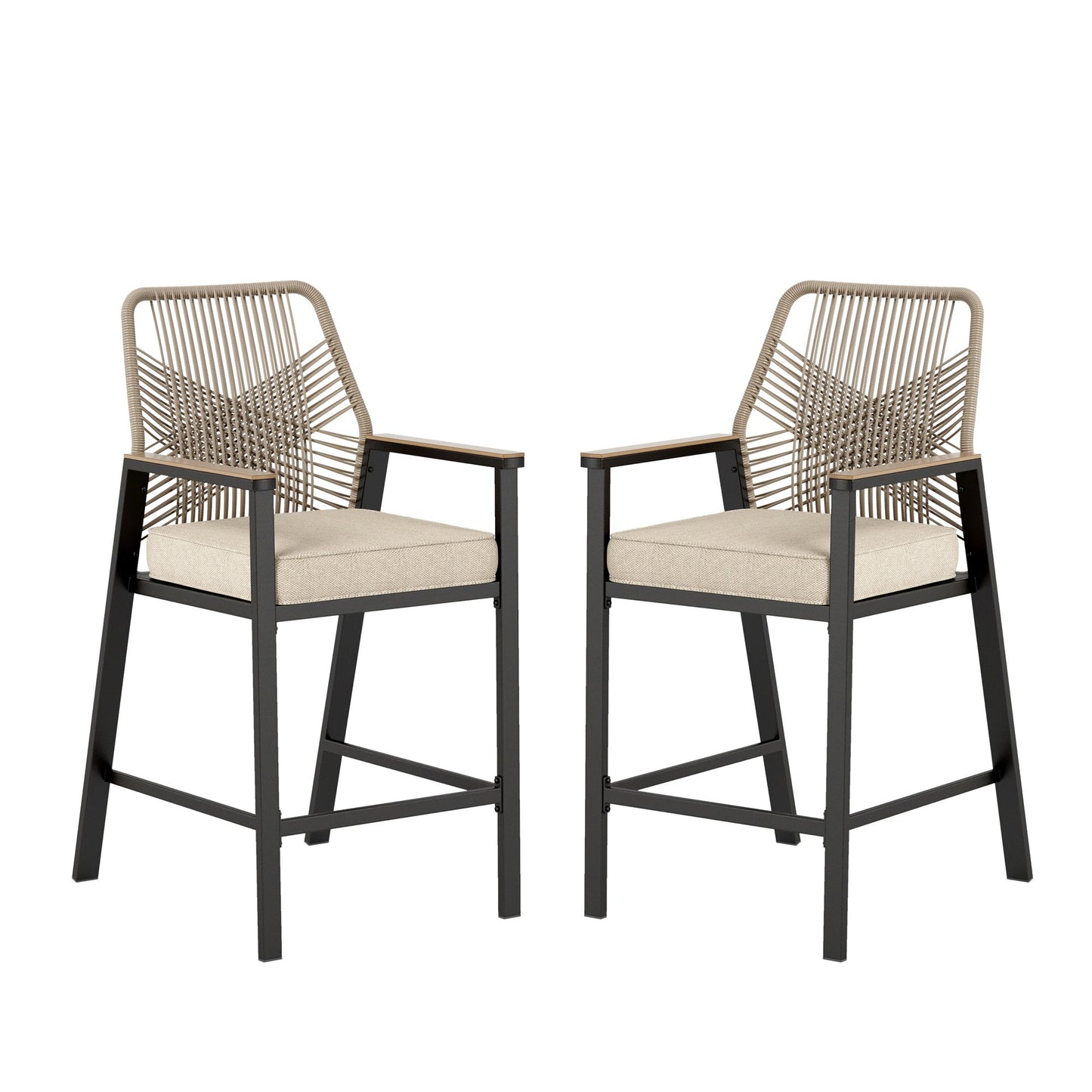 Summit Living Outdoor Bar Stool Set of 2, All-Weather Rattan Patio Counter Height Bar Chairs with Removable Cushion for Patio, Garden, Kitchen
