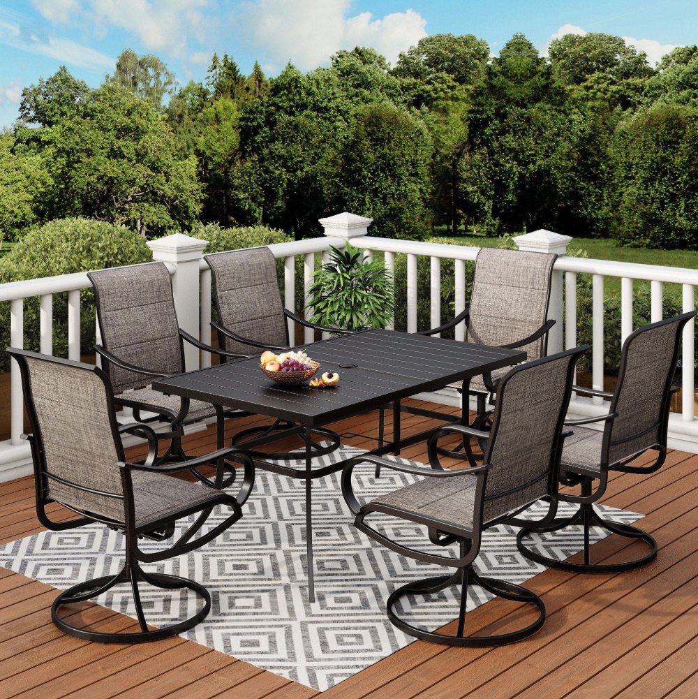7-Piece Outdoor Patio Dining Set for 6, Padded High-Back Swivel Chairs and Rectangular Table, Grayish Brown