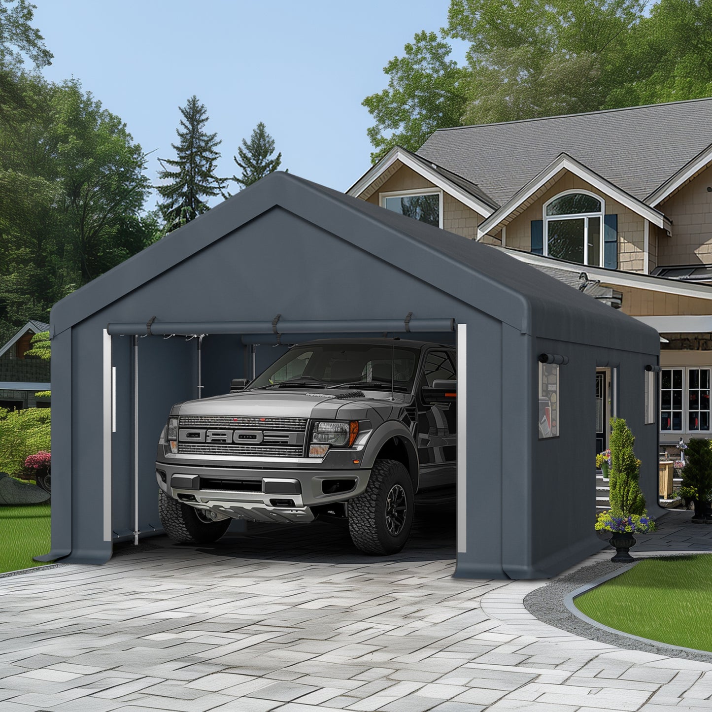 Summit Living 24' x 13' Outdoor Portable Garage with Roll-up Doors & Ventilated Windows, Portable Storage Shed Shelter, Heavy Duty Carport with All-season Canopy