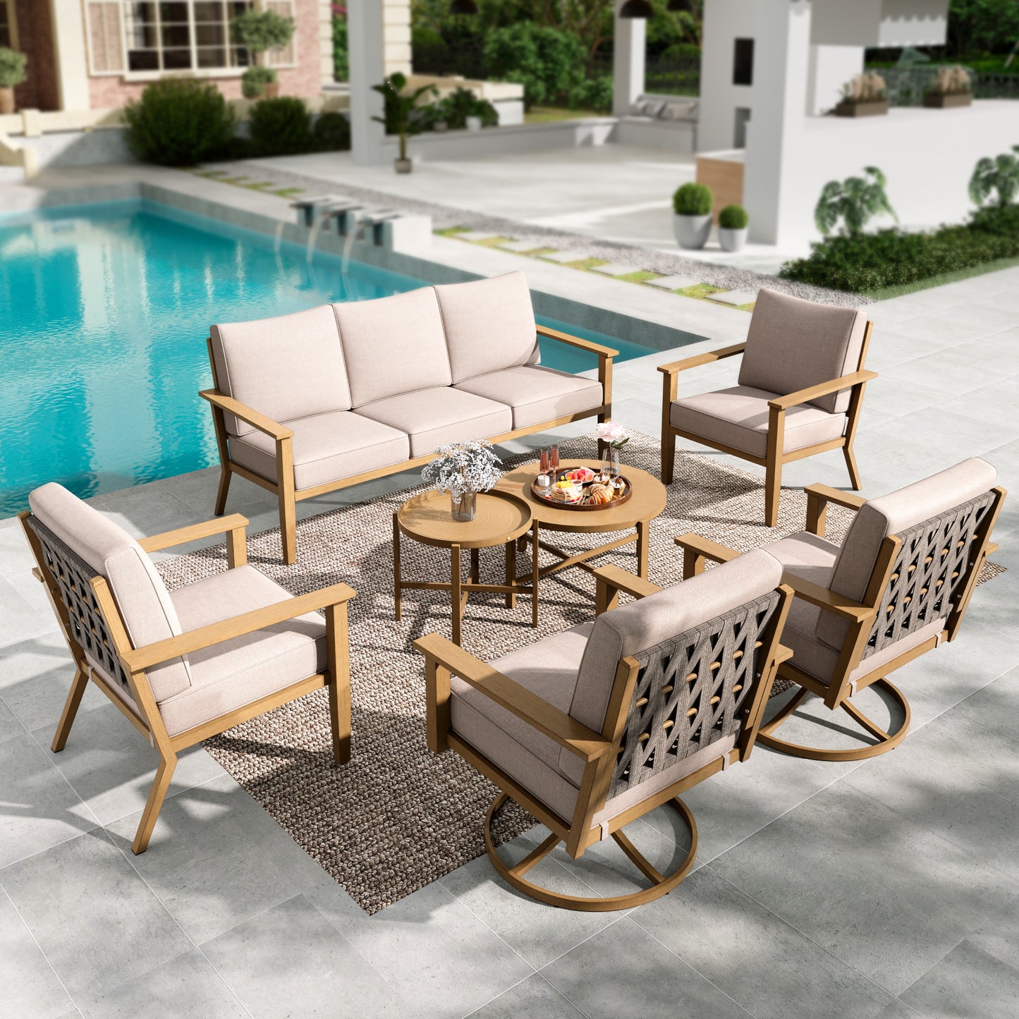 Summit Living 7-Piece Woven Rope Outdoor Patio Conversation Set with 2 Swivel Chairs, 2 Fixed Chairs, 3-Seat Sofa & 2 Round Nesting Coffee Table, Beige Cushion & Wood-Grain Frame