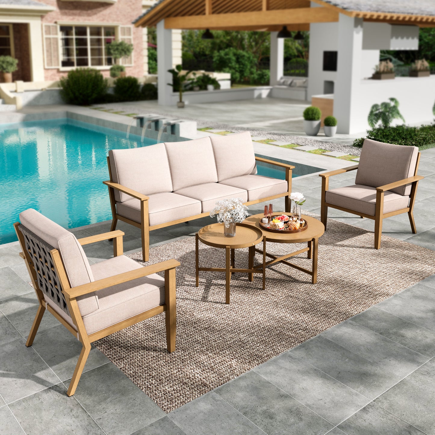 Summit Living 5-Piece Woven Rope Outdoor Patio Furniture Set with Fixed Chairs & 2 Round Nesting Coffee Table, Wood-Grain Outdoor Patio Conversation Set for 5 People, Beige