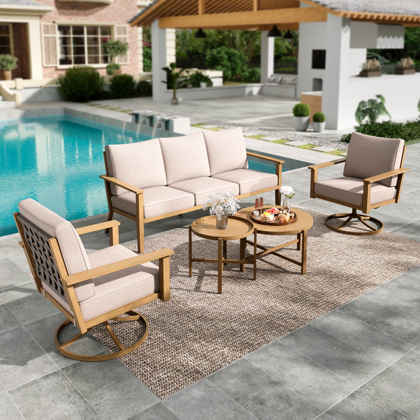 Summit Living 5-Piece Woven Rope Outdoor Patio Furniture Set with Swivel Chairs & 2 Round Nesting Coffee Table, Wood-Grain Outdoor Patio Conversation Set for 5 People, Beige