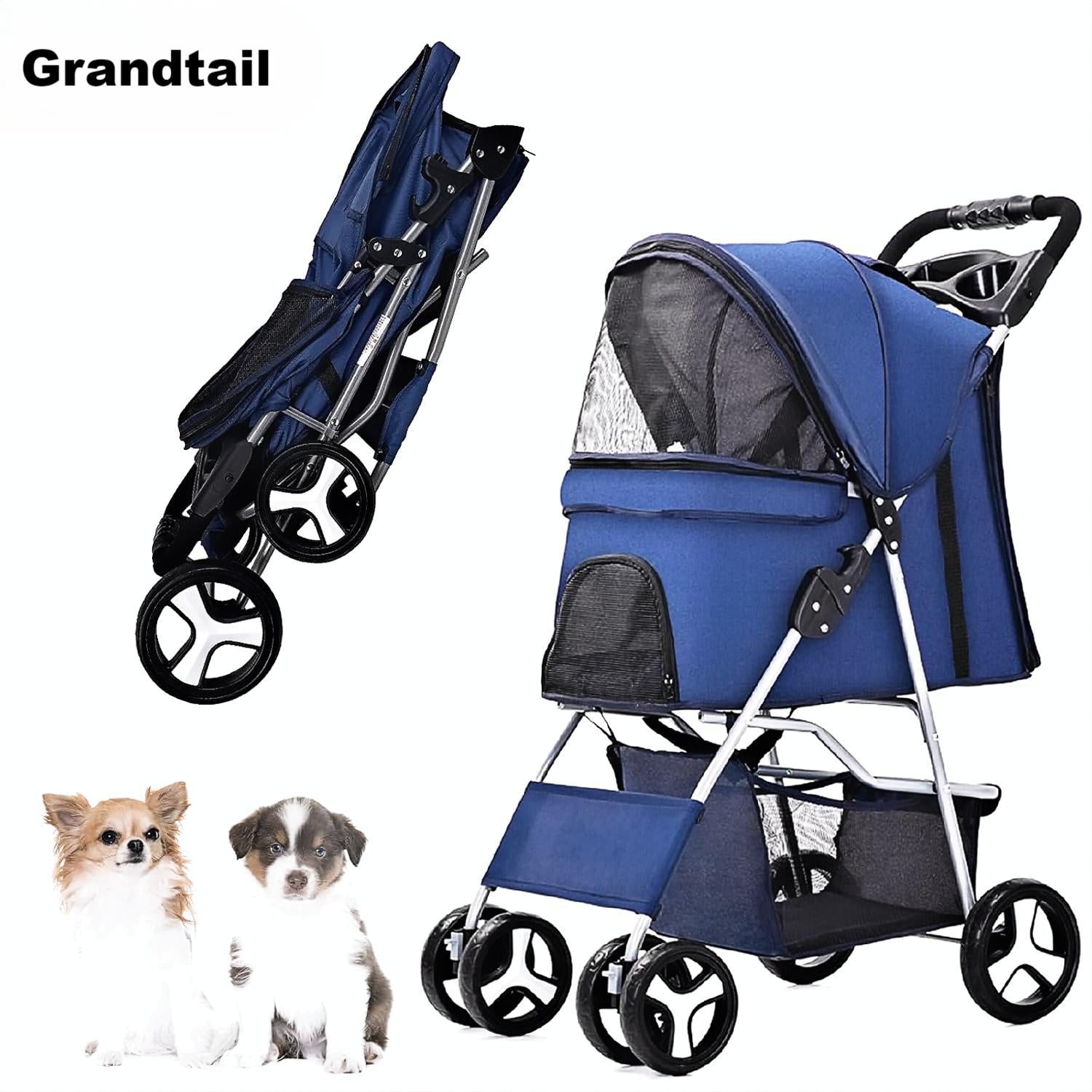 blue dog stroller Grandtail Dog Stroller, Pet Stroller for Small Dogs Cats with Storage Basket Cup Holder, up to 33lbs (Blue)
