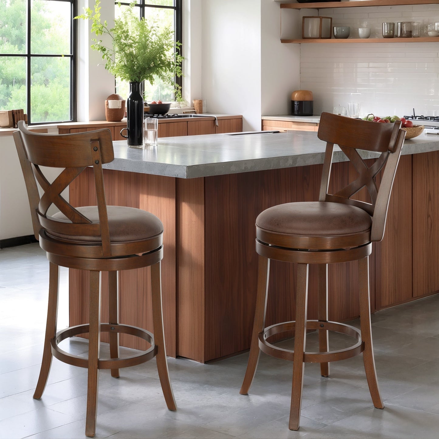 MF Studio Wood Swivel Bar Stool Set of 2, Bar Height Kitchen Stool with Open X Back, 30 inch Upholstered Pub Chair, Brown