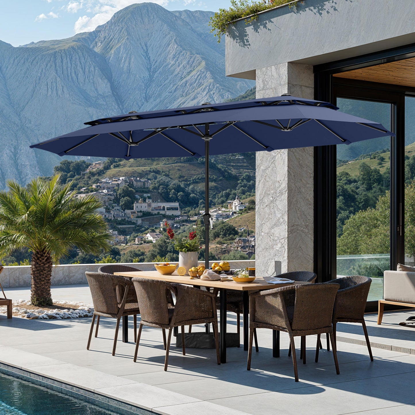 SUMMIT LIVING 13FT Patio Umbrella with Base Included - Double-Vented Rectangle Outdoor Market Umbrella for Patio - Navy Blue