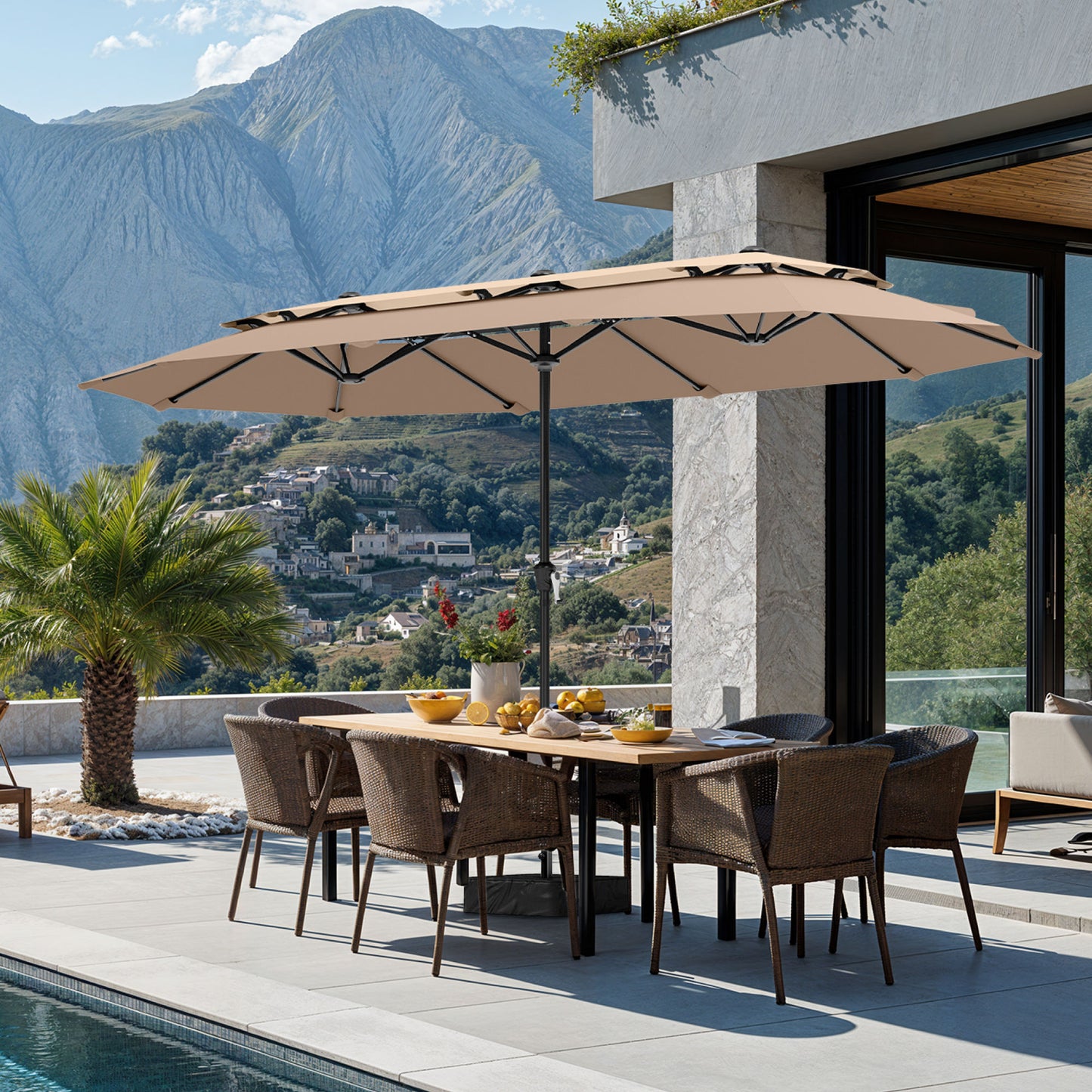 SUMMIT LIVING 13FT Patio Umbrella with Base Included - Double-Vented Rectangle Outdoor Market Umbrella for Patio - Beige & Tan