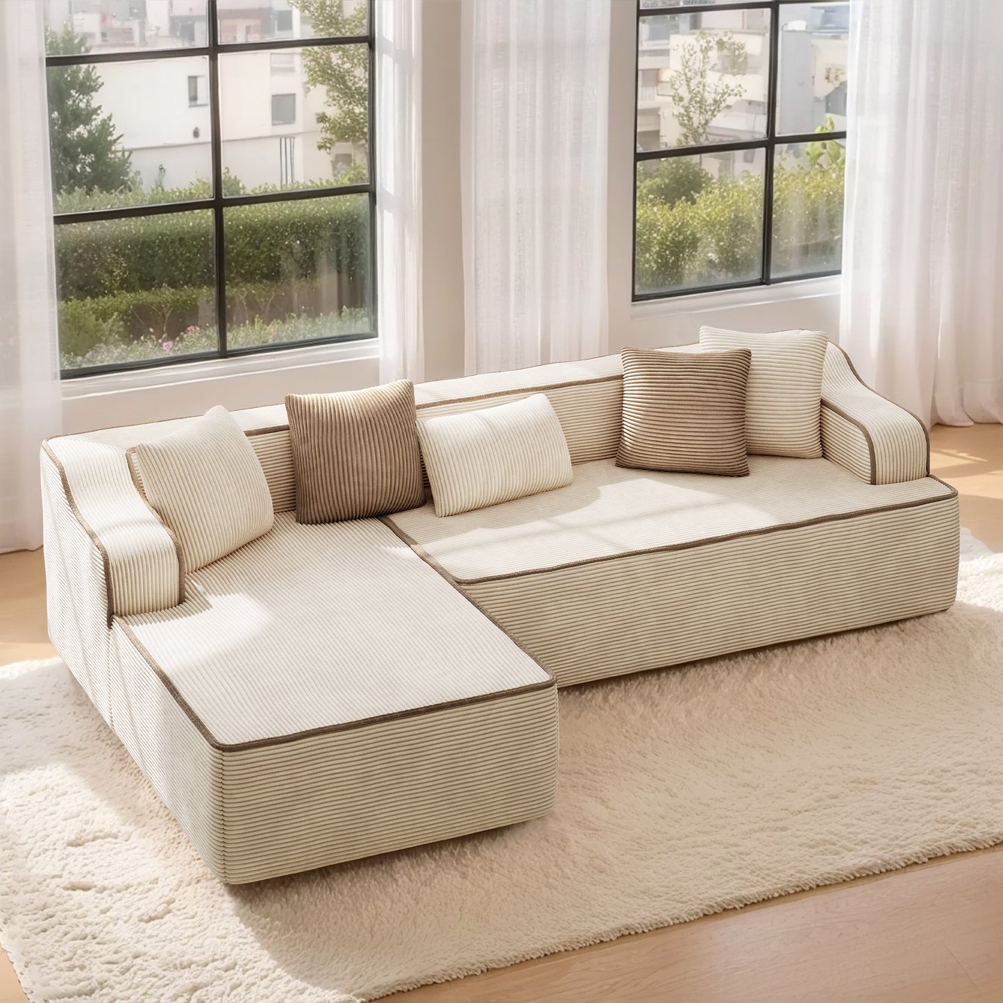 MF Studio 104" Cloud Sectional Sofa with Deep Seat, No Assembly Required Modular Sectional Couch with L-Shape Chaise, Comfy Corduroy Fabric, Beige