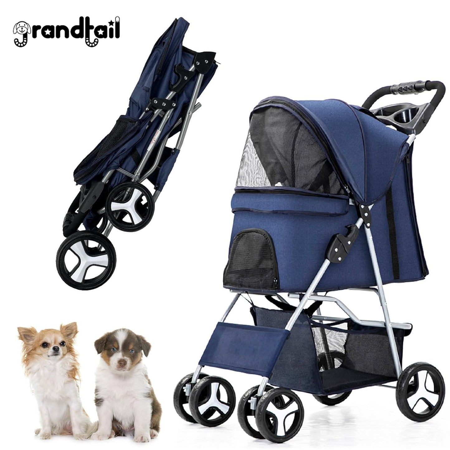 Grandtail Dog Stroller, Pet Stroller for Small Dogs Cats with Storage Basket Cup Holder, up to 33lbs (Blue)