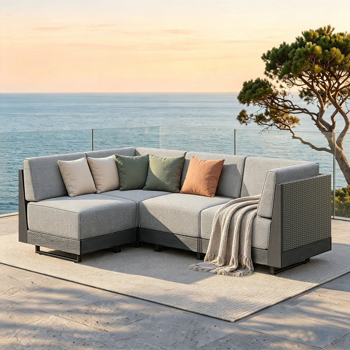 SUMMIT LIVING 4-Piece HDPE Outdoor Patio Furniture Set with Modular Sofa, Oversized Wicker Outdoor Patio Sectional Sofa Set with 8.7" Thick Cushions, Gray