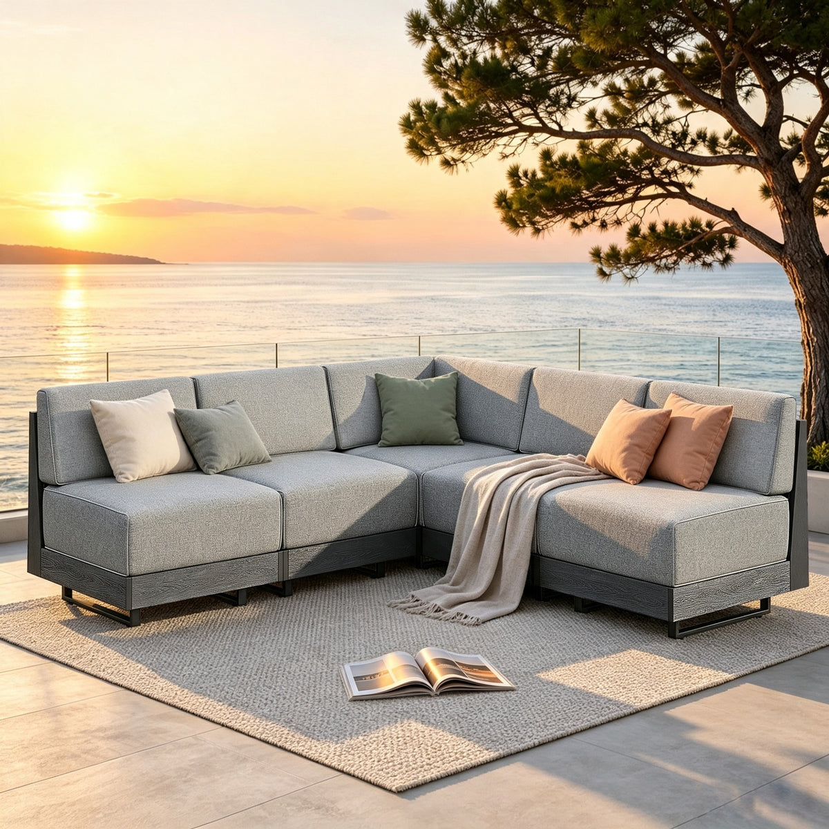 SUMMIT LIVING 5-Piece HDPE Outdoor Patio Furniture Set with Modular Sofa, Oversized Wicker Outdoor Patio Sectional Sofa Set with 8.7" Thick Cushions, Gray