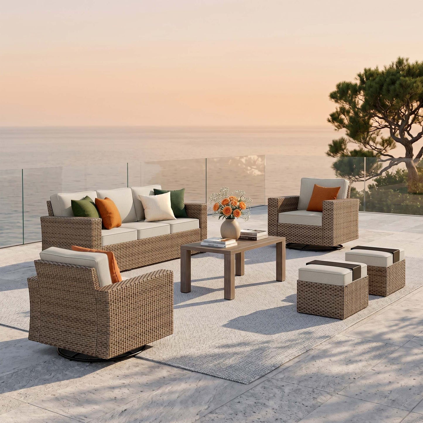 MF Studio 6 Pieces Patio Conversation Set Wicker Outdoor Furniture Sectional Sofa Set