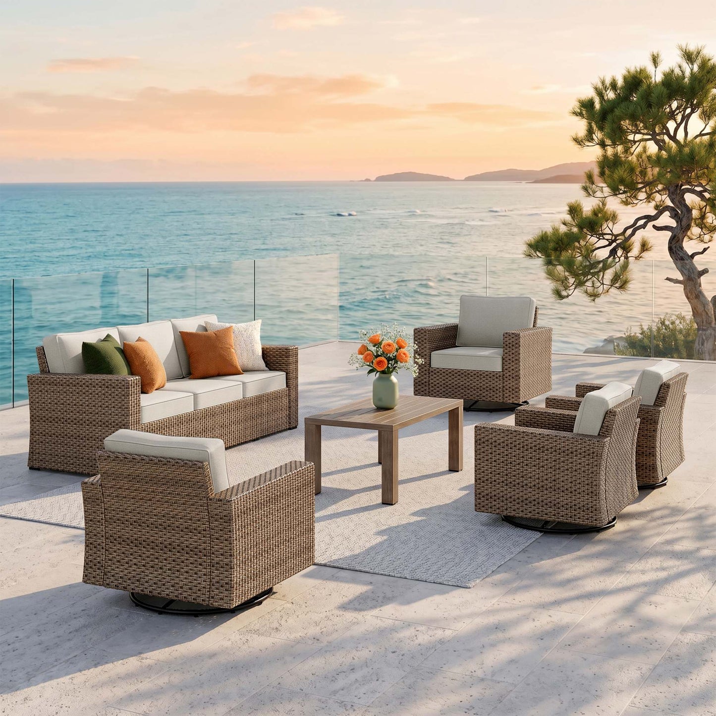 MF Studio 6 Pieces Wicker Patio Conversation Set Outdoor Furniture Sectional Sofa Set