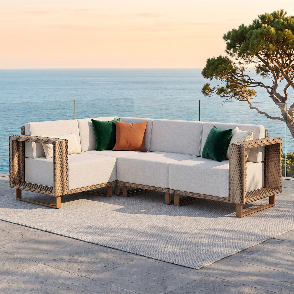 SUMMIT LIVING Wicker Outdoor Sectional Sofa, L-Shaped 4-Piece Patio Furniture Set with Ultra Thick 9.8" Seat Cushions for Yard & Garden, Beige
