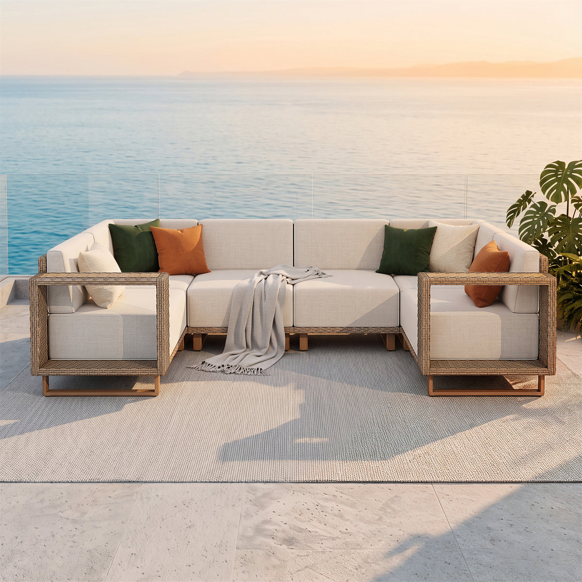 SUMMIT LIVING U-Shaped All-Weather Outdoor Sectional Sofa, 6-Piece Wicker Patio Furniture Set with Ultra Thick 9.8" Seat Cushions for Yard & Garden, Beige
