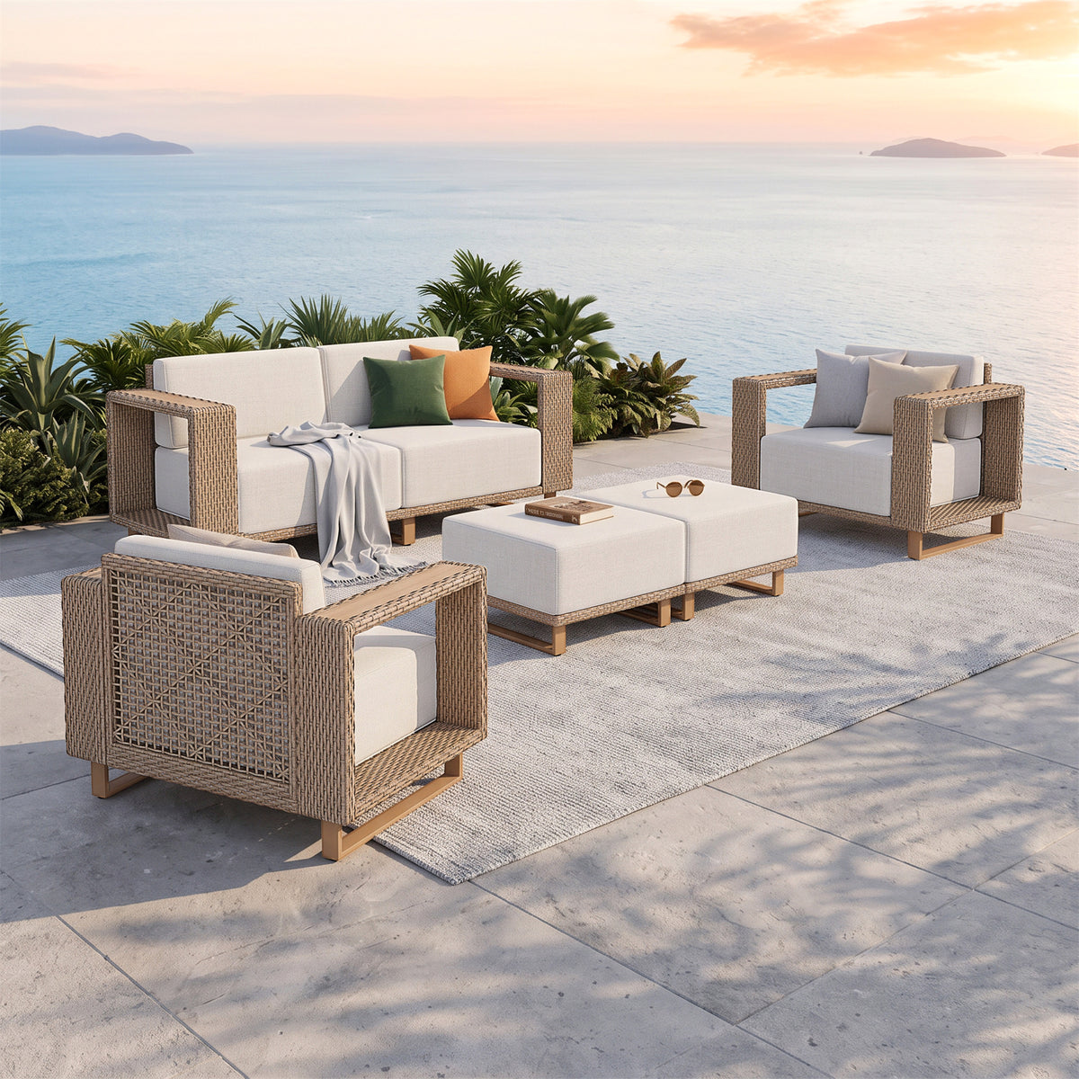 SUMMIT LIVING Outdoor Conversation Set with 2 Ottomans, 6-Piece Wicker Patio Furniture Set with Ultra Thick 9.8" Seat Cushions for Yard & Garden, Beige