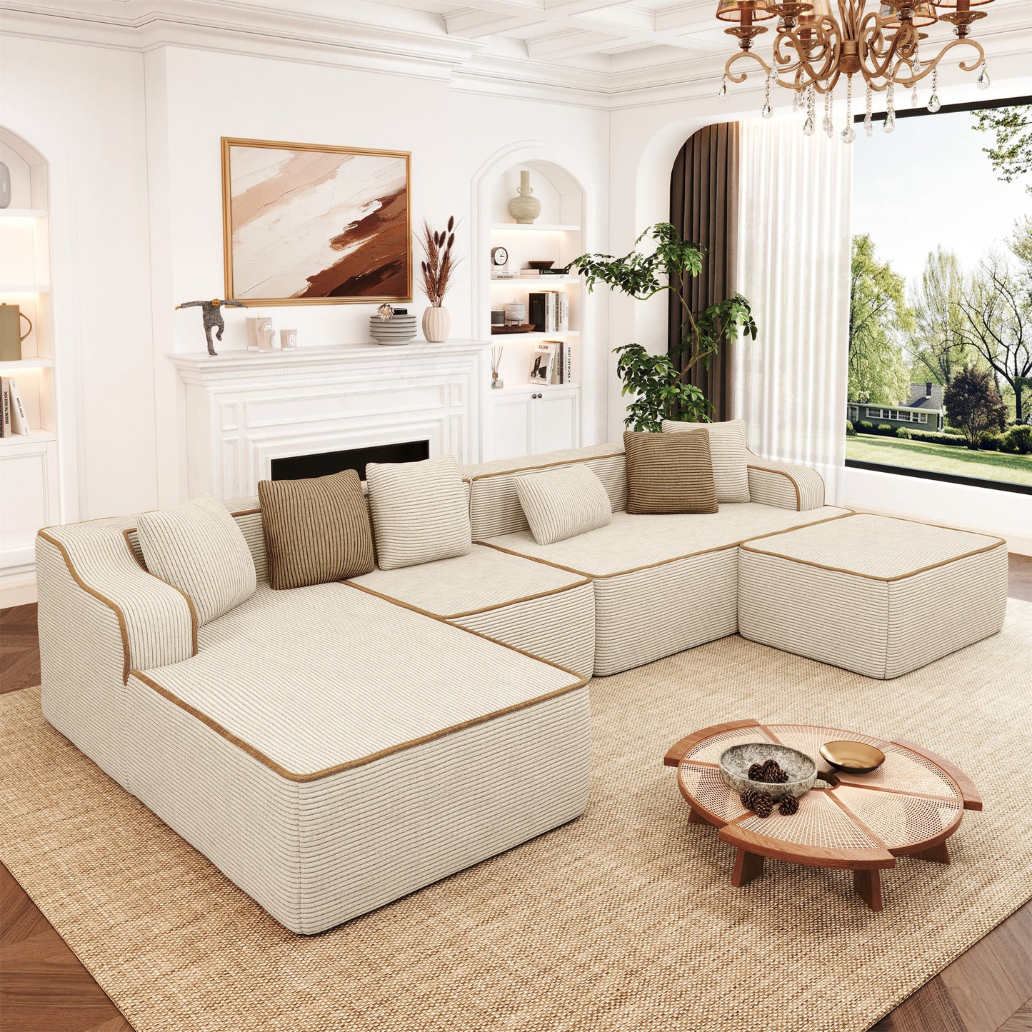 MF Studio 134" U-Shaped Cloud Couch Modular Sectional Sofa with with Ottoman for Living Room, No Assembly Required, Beige
