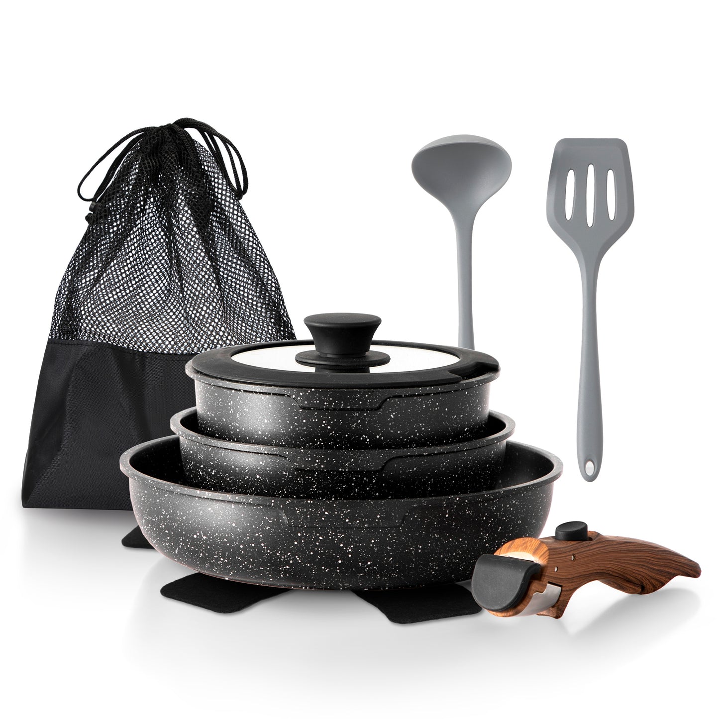 MF Studio 10 Pieces Removable Handle Nonstick Cookware Set, Induction-Safe Granite Pots and Pans, Black