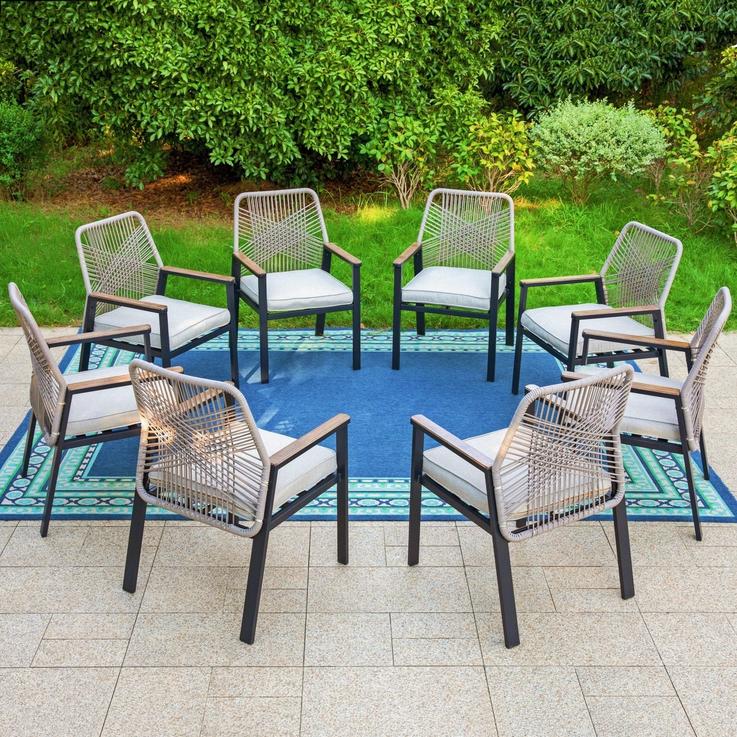 Summit Living Set of 8 Outdoor Dining Chair with Hand-Woven Rattan Backrest and 3.1¡± Cushion, Black and Beige