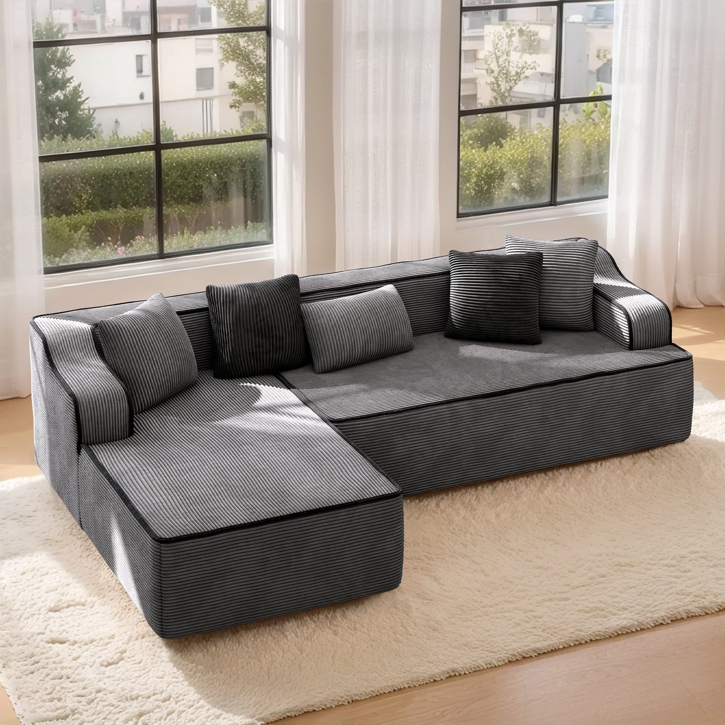 MF Studio 104" Cloud Sectional Sofa with Deep Seat, No Assembly Required Modular Sectional Couch with L-Shape Chaise, Comfy Corduroy Fabric, Dark Gray