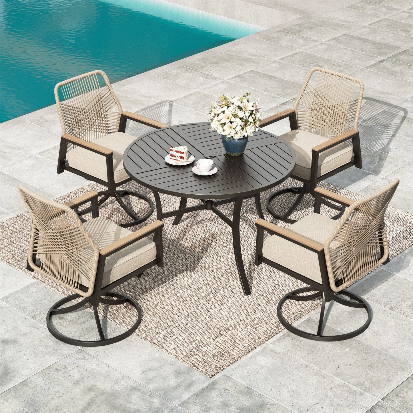 MF Studio 5 Pieces Outdoor Dining Set with Swivel All-Weather Rattan Rope Chair and 42" Round Table, Black and Beige
